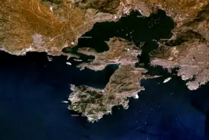 Satellite image of Salamis, with the straits to the mid-right