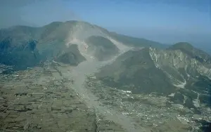 Mount Unzen (center) and Mayuyama (right) showing the destruction