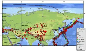 Image of earthquakes occurring in and around Russia since 1900