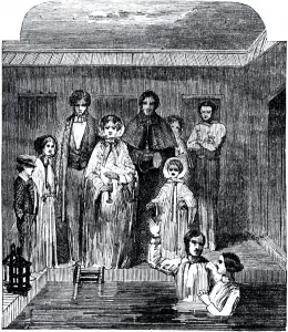 Drawing of a Mormon baptism ceremony.